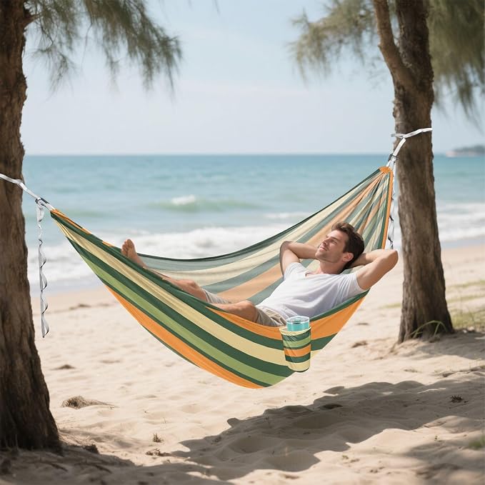 Camping Hammock Outdoor Hammocks for Outside Stripe Green Orange Beach Trees Portable Lightweight with Pockets Tree Straps Indoor