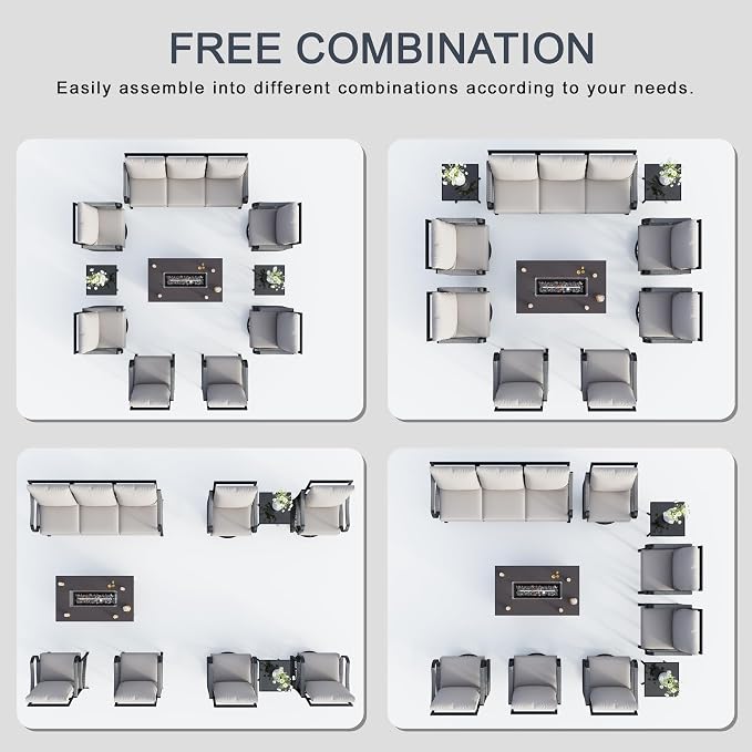10 Pieces Patio Furniture Set, Metal Outdoor Conversation Sets with Fire Pit Table and Swivel Chairs for Backyard Garden Deck Porch Poolside (Thick Beige Cushions)