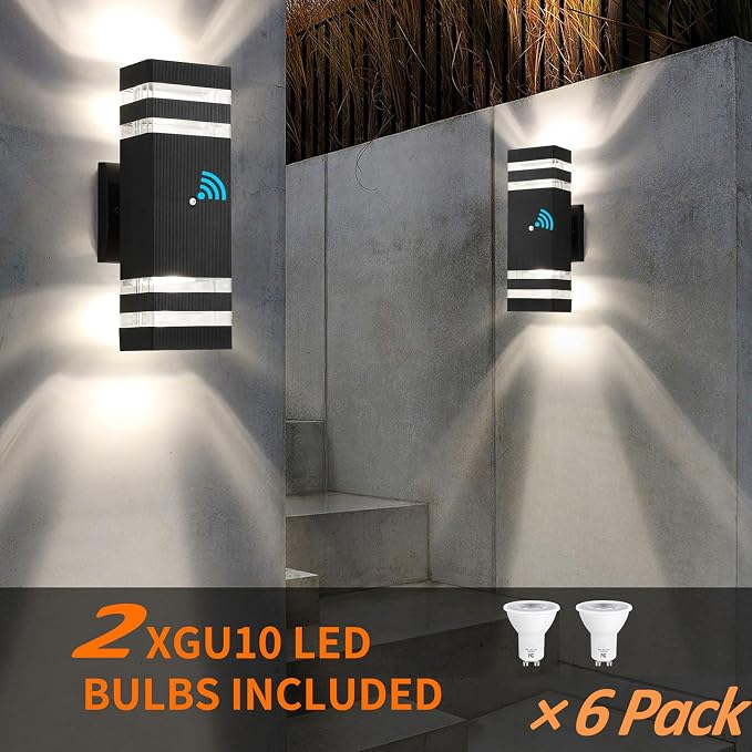 6 Pack Dusk to Dawn Outdoor Lighting, Modern Black Exterior Light Fixtures 2-Layer Up and Down Outside Wall Lights IP65 Waterproof Outdoor Sconces Lighting for Porch Garage, 3000K