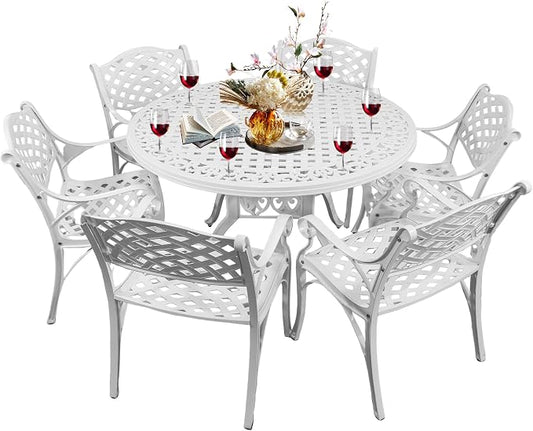 7 Pieces Cast Aluminum Outdoor Dining Set, Round 48" Dining Table with 2.36" Umbrella Hole and 6 Armchairs,All-Weather Patio Bistro Dining Set Outdoor Furniture Set for Patio, Balcony,White