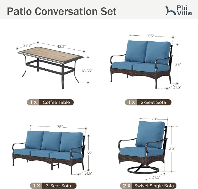 PHI VILLA Outdoor Modern Patio Furniture Set, Upgraded Wicker & Metal Patio Conversation Set with Waterproof Thick Cushions for Porch, Poolside, Yard(5 Pieces,Navy)