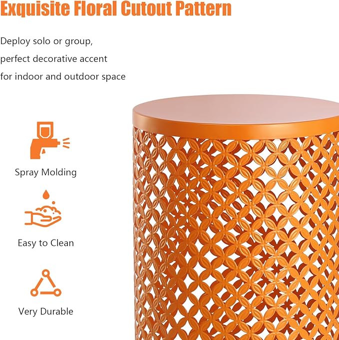 Set of 3 Outdoor Side Table, Garden Stool for Patio, Metal Accent Table Modern End Table, Patio Side Table for Garden, Balcony, Bedroom Indoor Outdoor Decorative, Terracotta Orange