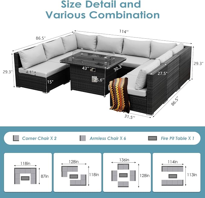 BULEXYARD 9 Pieces Highback Wicker Patio Furniture Set with Firepit, High Weight Capacity Outdoor Sectional Couch Sofa 8-Seater Modular, Plus Comfortable Wide Deep Deck Seating Group, Light Grey