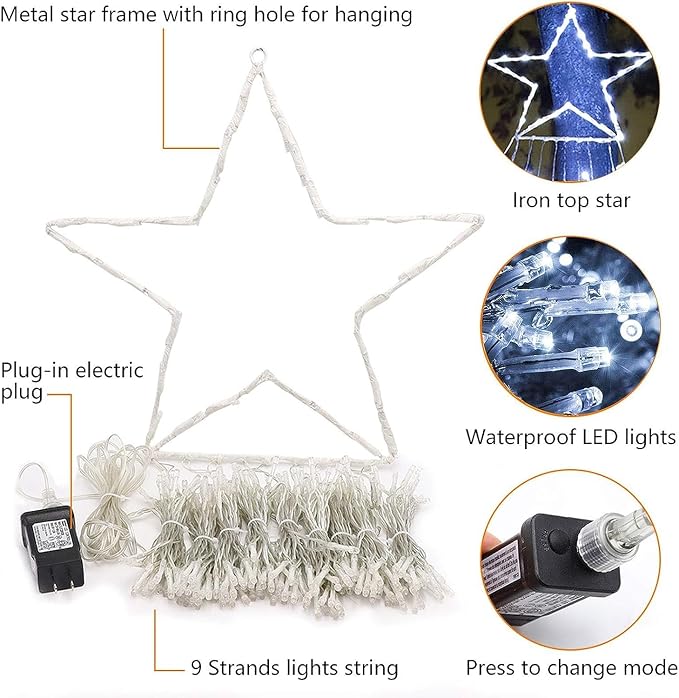 Christmas Decorations, Outdoor Christmas Lights, 320 LED Outdoor Christmas Tree String Lights with 12" Star Toppers [8 Modes& Waterproof] for Xmas New Year Holiday Decor (Cool White)
