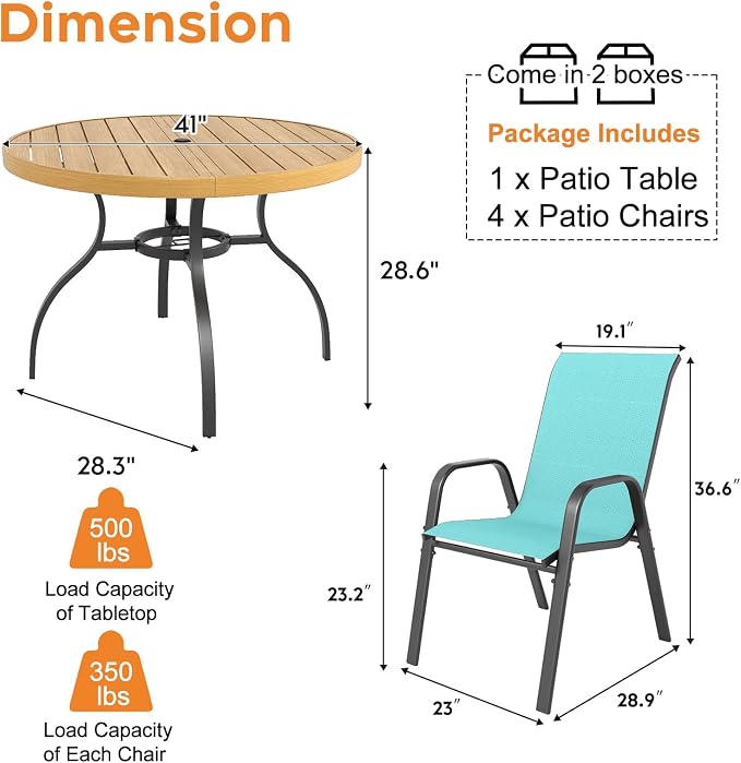Outdoor Patio Dining Set for 4, 5 Pieces Patio Table and Chairs Set with Umbrella Hole, 41"x 41" Round Metal Wood-Grain Dining Table Set with 4 Stackable Patio Chairs for Deck , Backyard, Porch