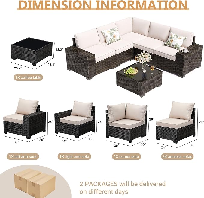 JOYURE 6 Pieces Patio Furniture Set, Outdoor Sofa with Waterproof Cushions, Rattan L Shaped Patio Couch & Coffee Table, Modern Outdoor Furniture for Backyard, Deck, Balcony – Beige