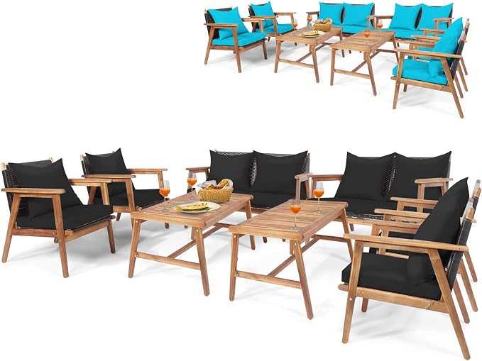 Tangkula 8-Piece Patio Furniture Set, Outdoor Acacia Wood Conversation Set with Cushions and Coffee Table, Turquoise & Black Cushion Cover Sets, Outdoor PE Wicker Sectional Sofa Set for Backyard