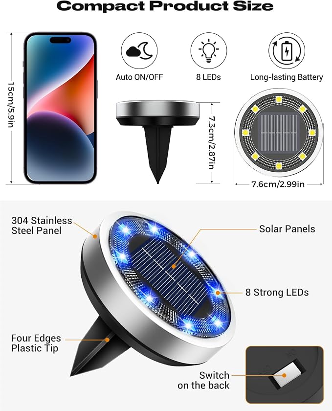 btfarm 16 Pack Solar Lights Outdoor, 8 LED Solar Ground Lights IP65 Waterproof Flat Solar Disc Light, Pathway Lights for Garden Lawn Patio Yard Path Landscape, Blue