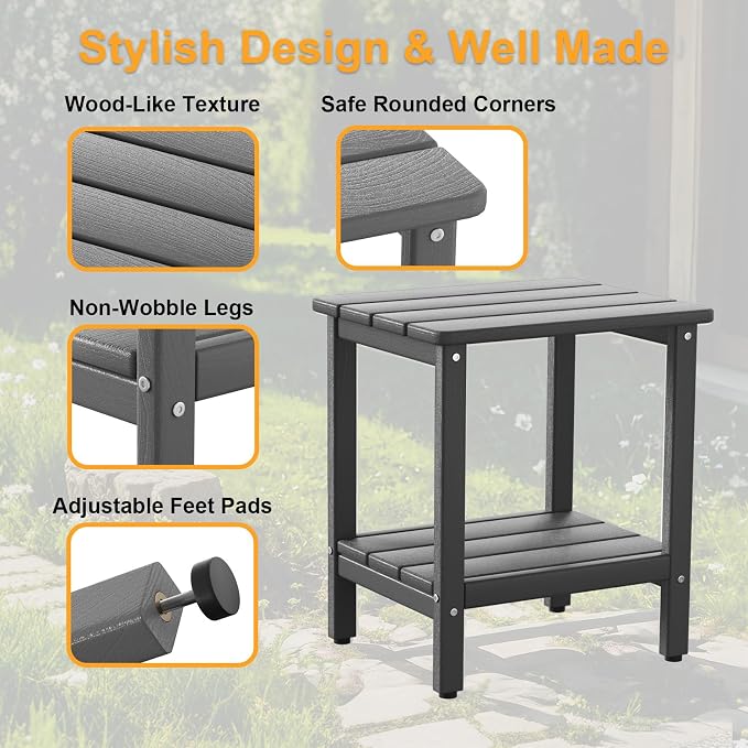 Outdoor Side Table, 2-Tier Small Square Patio Side Table with Adjustable Feet, All-Weather HDPE Adirondack End Tables for Porch Deck Balcony Pool, Easy Maintenance, Grey