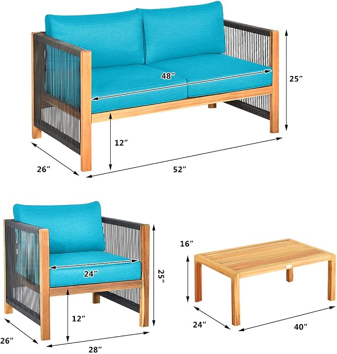 Tangkula Outdoor Wood Furniture Set, Acacia Wood Loveseat Sofa, 2 Single Chairs and Coffee Table, 4 Pieces Conversation Set with Cushions, Garden Balcony Poolside Outdoor Living Set (1, Turquoise)