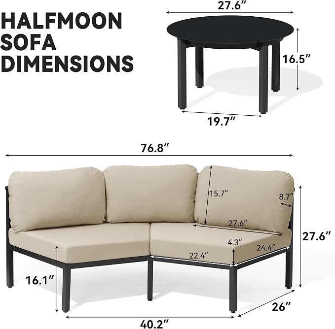 Crestlive Curved Patio Furniture Set, Modular Half Moon 8-Seater Sofa with Round Coffee Table, Aluminum Outdoor Sectional with 4.3" Cushions, All-Weather Couch for Backyard, Deck, Porch, Poolside