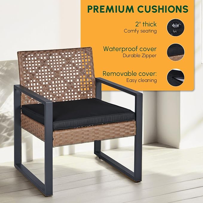 BEEFURNI Wicker Patio Furniture Outdoor Conversation Set of 4, Rattan Outdoor Furniture Set, Acacia Wood Table, 2 Chairs, 1 Loveseat, 2” Cushions, All Weather Set for Patio, Porch, Balcony (Brown)
