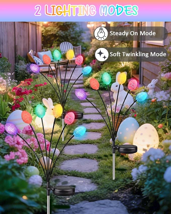 4 Pack Solar Easter Egg Lights, Firefly Lights Solar Outdoor Waterproof | 2 Lighting Modes Garden Lights, Sway with Wind, Solar lights Outdoor for Spring Lawn Yard Patio Porch Easter Decorations