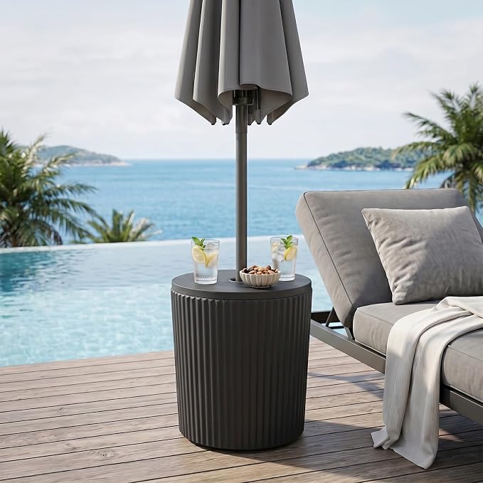 SUNBURY Umbrella Side Table, Outdoor Patio Table with Umbrella Hole for Porch, Round Base Outdoor Garden Stand for Modern Coffee, Picnic or Poolside Table, Easy Assembly, Black