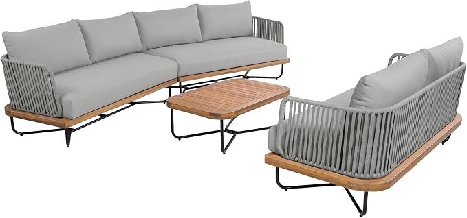 Christopher Knight Home 3-Piece Patio Furniture Set, Acacia Wood Outdoor Sectional Sofa with Rope Woven & Cushions, 4-Seat Sofa, Loveseat and Coffee Table, Outdoor Conversation Set, Light Grey+Teak