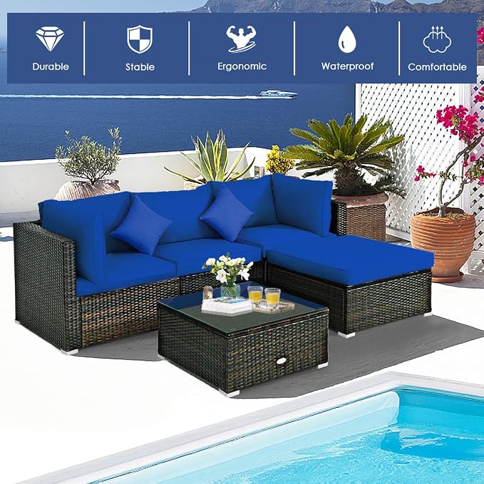 HAPPYGRILL 5 Pieces Patio Conversation Set, Outdoor Rattan Wicker Furniture Set, Sectional Sofa Ottoman Set with Coffee Table, Cushion, Pillow for Garden Lawn Balcony Backyard
