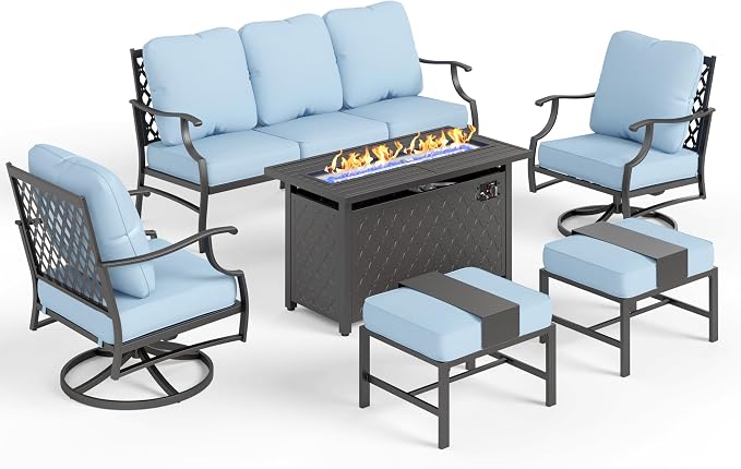 MIXPATIO Patio Furniture Set, 6 Pcs Metal Outdoor Conversation Set, 2 Swivel Chairs, 2 Ottomans and 3 Seater Sofa with 5.75" Extra Thick Cushion and Gas Fire Pit Table, Blue
