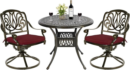 MEETWARM 3-Piece Outdoor Patio Dining Set, All-Weather Cast Aluminum Patio Conversation Set - 2 Cushions Swivel Rocker Chairs and 35.4" Round Table for Backyard Garden Deck, Umbrella Hole, Chili Red