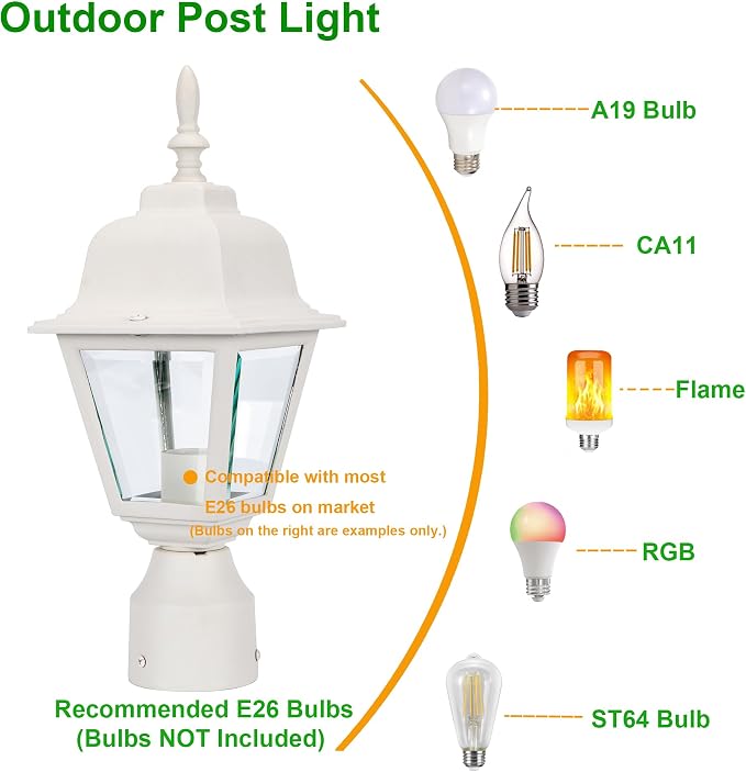 Outdoor Post Light, Rustproof Aluminum Pole Lamp, White | Exterior Lamp Post Light Fixture for Garden, Yard, Pathway, Waterproof, Glass, E26 Base, Max 60W, 2 Pack
