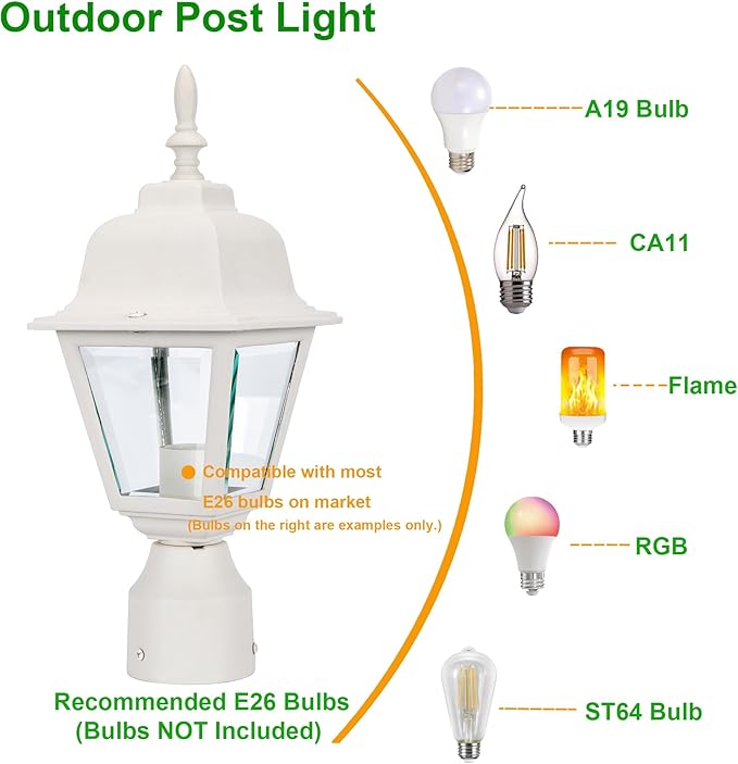 Outdoor Post Light, Rustproof Aluminum Pole Lamp, White | Exterior Lamp Post Light Fixture for Garden, Yard, Pathway, Waterproof, Glass, E26 Base, Max 60W
