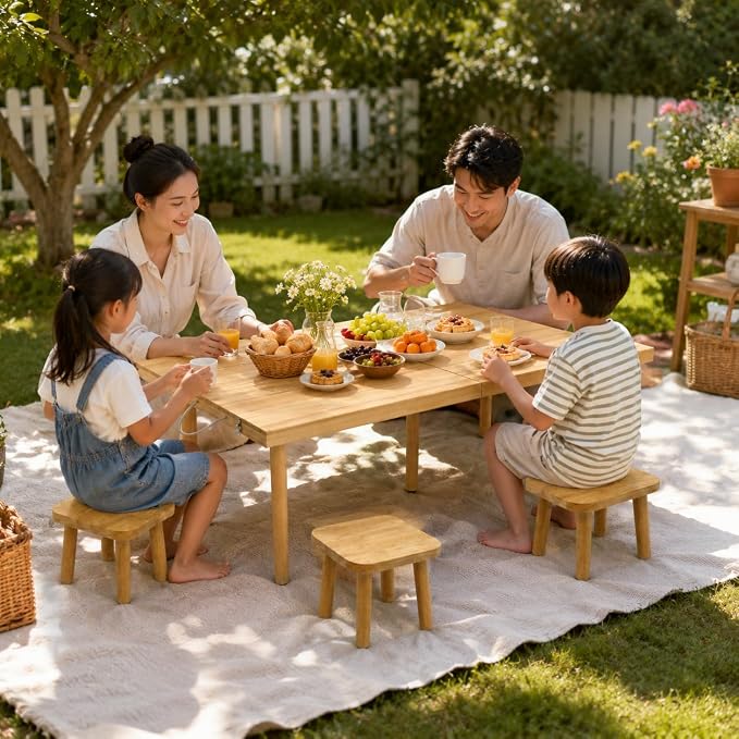 Wooden Picnic Stools Set of 4, Tool-Free Assembly Solid Wood Low Profile Portable Seats for Indoor Home, Outdoor Camping, Beach and Patio