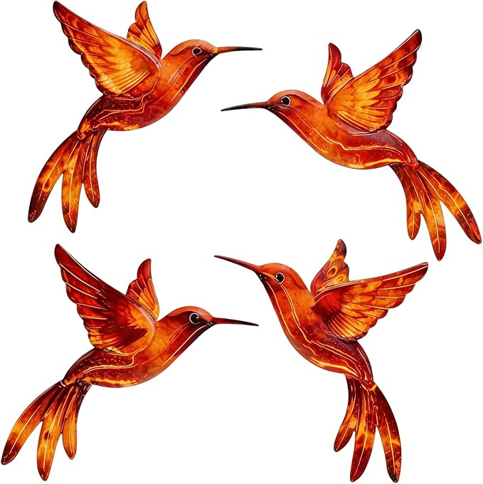 4 Pack Metal Hummingbird Wall Art Decor - 3D Colorful Birds Outdoor Wall Art,Hanging Decoration for Patio, Garden, Balcony and Fence (G)