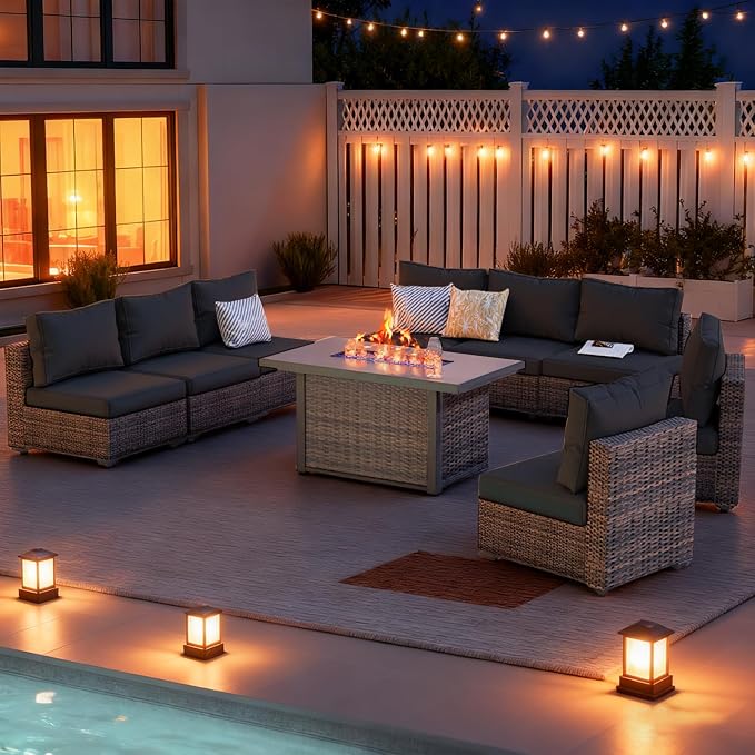 9 Piece Patio Furniture Set with 42" Fire Pit Table, Outdoor Wicker Rattan Sectional Sofa Set, Patio Conversation Set with Thickened Cushions, Black