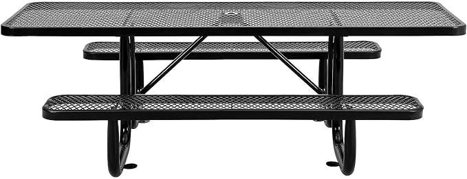 Global Industrial 8'L Rectangular Picnic Table, ADA Compliant, Expanded Metal, Black Thermoplastic Coating, Attached Benches, 1-1/2” Umbrella Pole Hole, Outdoor-Rated
