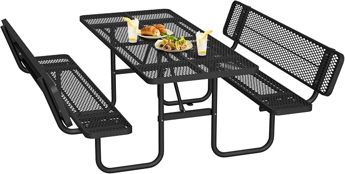72'' Heavy Duty Outdoor Picnic Table with Backrest - Commercial Grade Rectangular Steel Picnic Table Set, Umbrella Hole, Rust-Resistant Metal Mesh Tabletop for Patio, Garden, Park, BBQ - Black