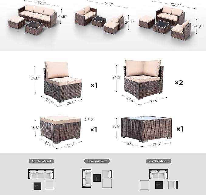 WWR Patio Furniture Set 5 Piece - Wide Armrests - All-Weather Wicker Rattan Outdoor Conversation Couch Sets, Modular Sectional Sofa for Garden, Patio, Poolside, Backyard, Balcony, Porch