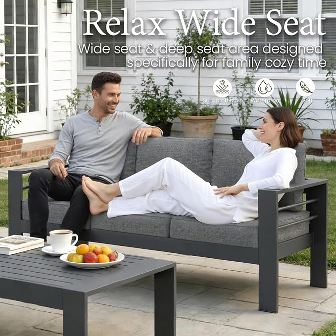 LayinSun Outdoor Aluminum Furniture Set, 4 Pieces Patio Sectional Conversation Chat Sofa Modern Seating Set with Coffee Table