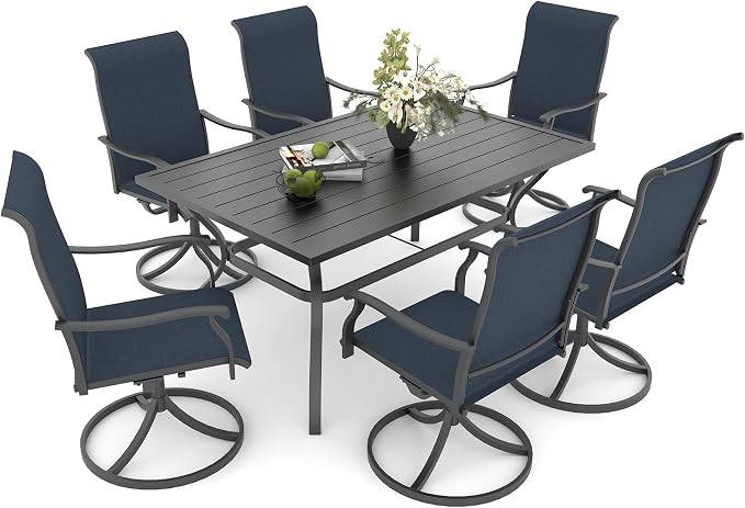 Anmutig 7-Piece Outdoor Patio Dining Set, 6 Patio Dining Chairs & 1 Rectangle Outdoor Dining Table with 1.6"/1.9" Umbrella Hole Blue