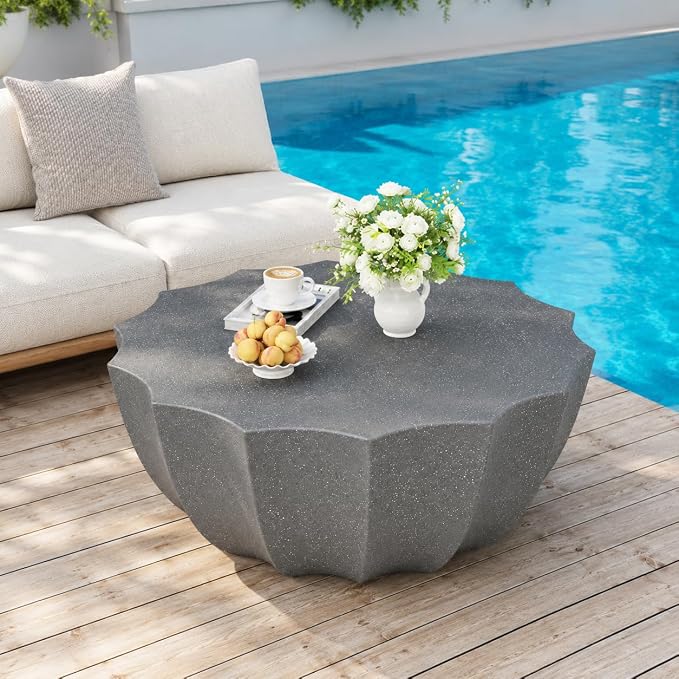 35.43" Concrete OutdoorTable,Modern Round Outdoor Coffee Table,Waterproof Stone Coffee Table for Patio for Terraces, Gardens, Backyards and Living Rooms (Grey, 35.43")
