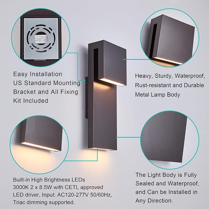 Tarentlight Modern Outdoor Indoor Integrated LED Wall Sconce, 2-Light Total 17W,Bronze Finish,1600 Lumens,3000 Kelvin,90 CRI, Dimmable,Input 120-277V,Weatherproof for Global Front Porch Decor Use.