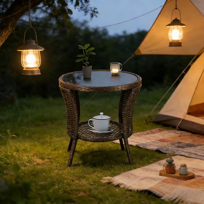 Kinfant Round Outdoor Wicker Side Table - with Tempered Glass Top, Patio End Table with Unique Shape, Storage Shelf for Balcony, Porch, Deck, Garden, Weather-Resistant, Easy Assembly, Black Gold