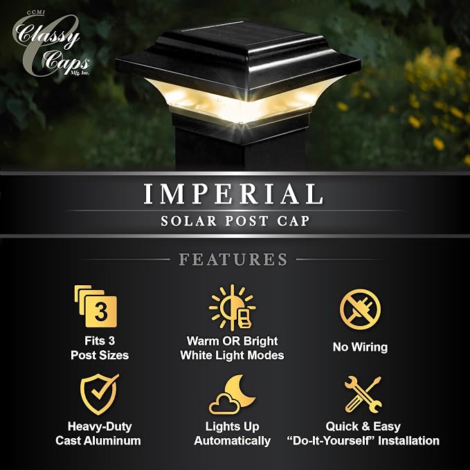 Classy Caps 2x2 Imperial Solar Post Cap - Fits 2"x2", 2.25"x2.25", & 2.5"x2.5" Deck & Fence Posts - Black Cast Aluminum - Warm/Cool Light Color Modes