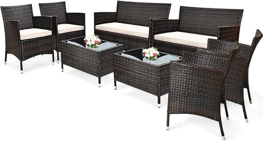 8 Pieces Patio Sofa Set, Wicker Conversation Set with Ergonomic Curved Backrest, Water-Resistant Cushion & Tempered Glass Table for Balcony, Porch (Brown)