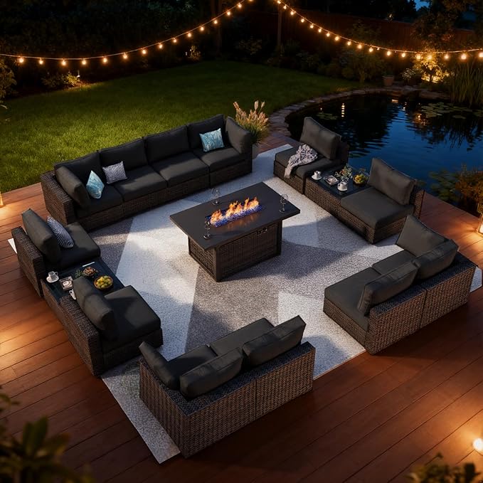 Patio Furniture Set, 15 Pieces Outdoor Sectional Patio Furniture Set with 42" Fire Pit Table, Rattan Wicker Sofa Set for Garden Backyard Deck Poolside, Black