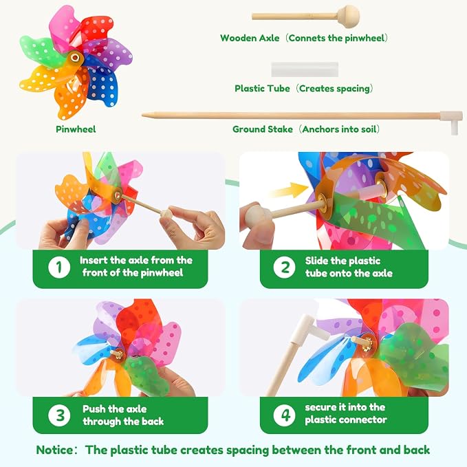 IilLittle 10 Pack Rainbow Pinwheel, Pinwheels for Kids | Assembly Instructions Included, Easy Assembly, Wooden Pole, PP Plastic, Waterproof, Sturdy