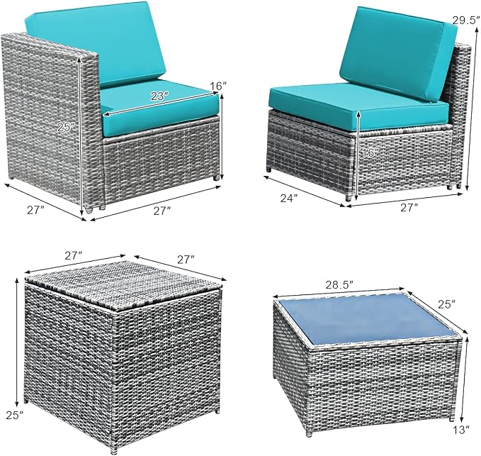 RELAX4LIFE 8-Piece Patio Furniture Set - PE Wicker Conversation Set w/Soft Cushions & Tempered Glass Storage Table, Outdoor Sectional Sofa Set for Garden, Poolside, Backyard (Turquoise)