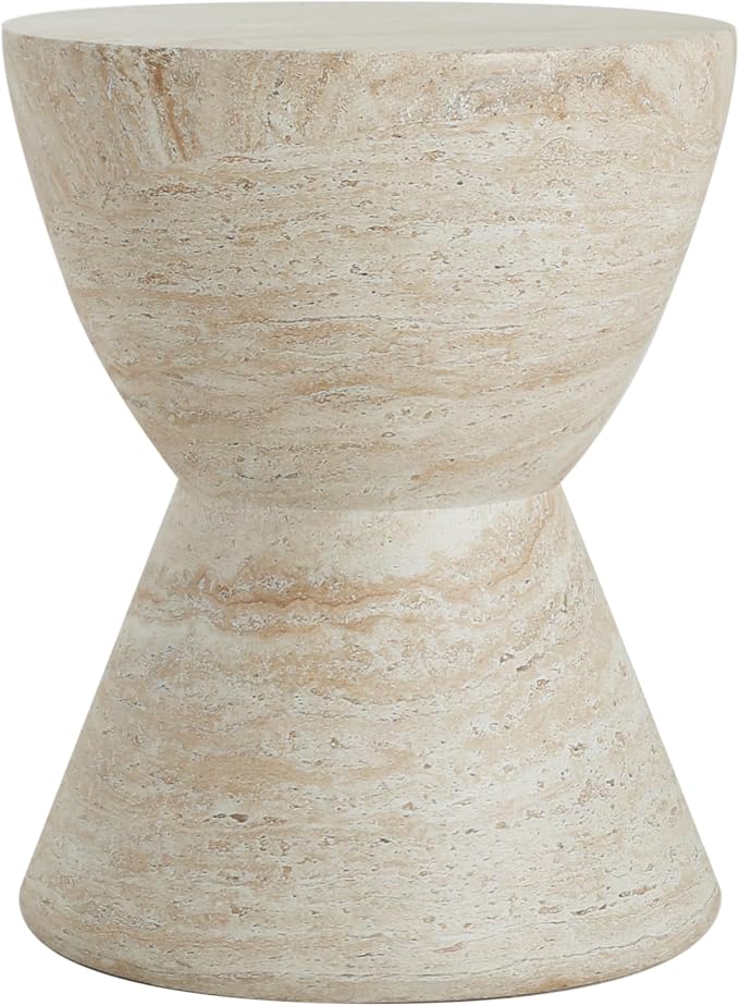 Outdoor Side Table Faux Marble End Table Faux Stone Side Tables Travertine Small Coffee Tables for Indoor Outdoor, Garden Stool Plant Stand for Porch, Backyard Patio, 15"*19" Beige