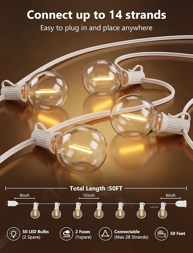 GOOTHY LED Outdoor String Lights Waterproof, 50Ft G40 Globe Patio Light Plug in with 52 Shatterproof Bulbs, Hanging Outdoor Lights for Backyard Garden Bistro Balcony Party Wedding Decor, White Wire