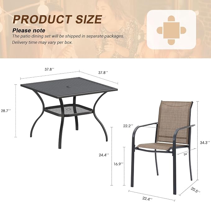 VICLLAX 5 Pieces Patio Outdoor Dining Set, 38" Square Metal Dining Table with Umbrella Hole and 4 Stackable Textilene Chairs for Lawn, Garden, Porch, Black/Brown