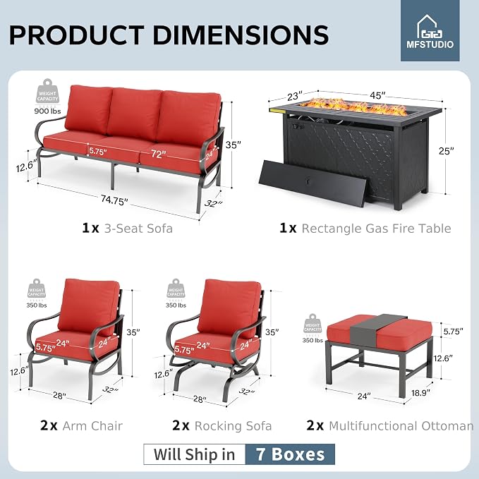MFSTUDIO 8 Pieces Patio Furniture Sets with 45" Gas Fire Pit Table(Up to 9 Seat), Outdoor Metal Conversation Sofa with 1 x 3-Seat Sofa, 2 Single Chair, 2 Rocking Chair and 2 Ottoman, Burgundy Cushion