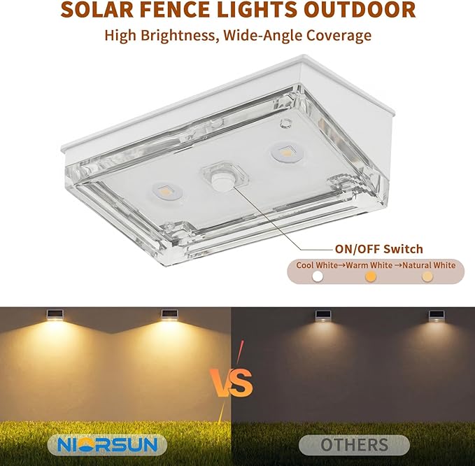 Solar Fence Lights 16 Pack, Outdoor Solar Lights with 3 Color Temperatures, IP65 Waterproof Wide-Angle LED Lighting for Fence, Patio, Yard, Deck, Wall, Garden (White)
