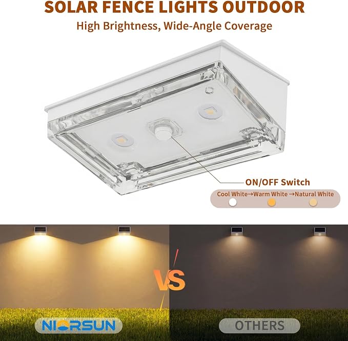 Solar Fence Lights 8 Pack, Outdoor Solar Lights with 3 Color Temperatures, IP65 Waterproof Wide-Angle LED Lighting for Fence, Patio, Yard, Deck, Wall, Garden (White)