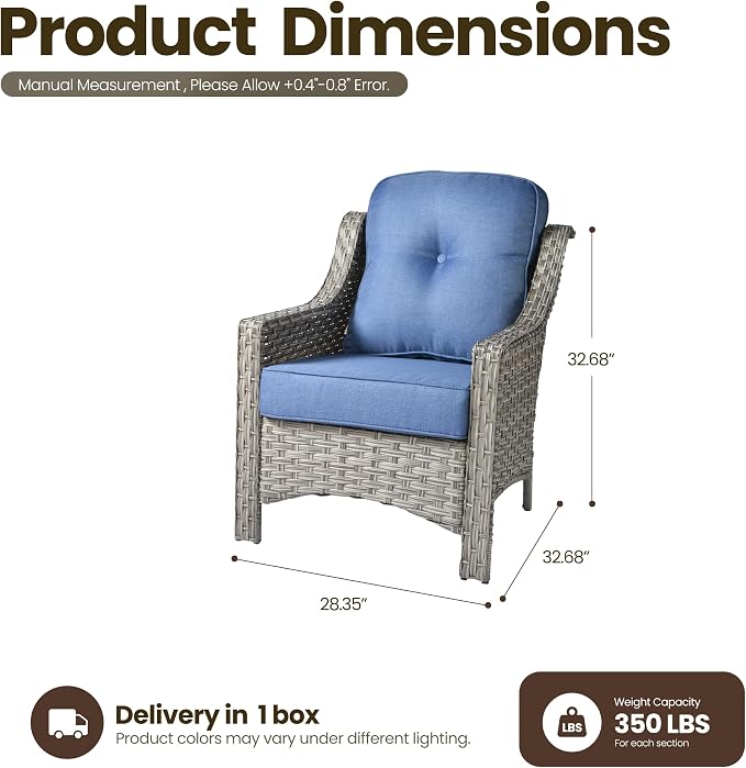 2 Piece Patio Furniture Set, Outdoor Wicker Chairs Set of 2 with Thick Cushion, Heavy Duty High Back Comfortable Chair for Small Balcony Porch Garden, Sapphire Blue
