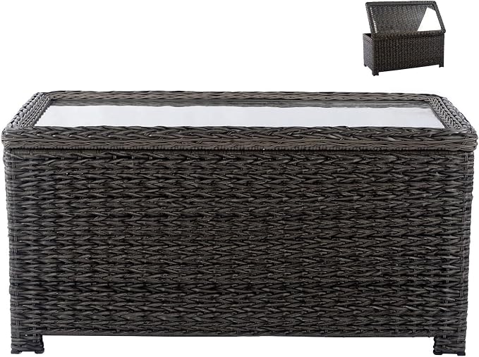 Classic Wicker Patio Coffee Table with Storage, 40'' All-Weather Rattan Outdoor Coffee Tables, Tempered Glass Flip-Top, Waterproof for Porch Backyard, Dark Brown
