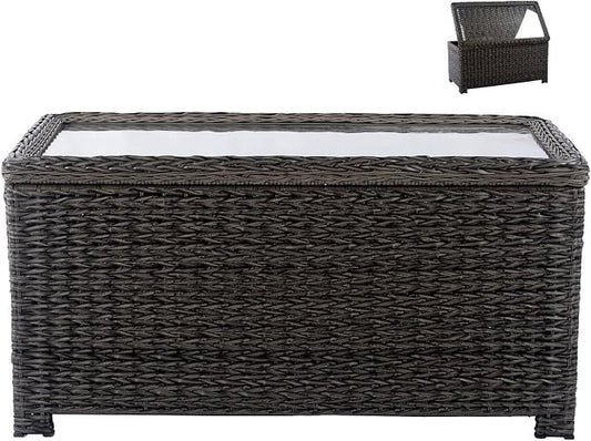 Classic Wicker Patio Coffee Table with Storage, 40'' All-Weather Rattan Outdoor Coffee Tables, Tempered Glass Flip-Top, Waterproof for Porch Backyard, Dark Brown