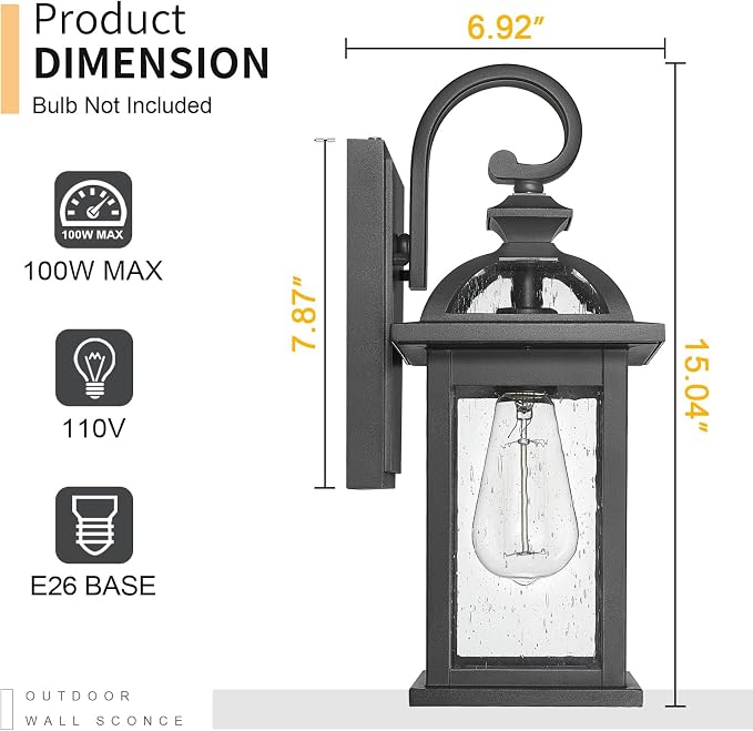 Darkaway Dusk to Dawn Outdoor Lights Fixture Wall Mount, Exterior Wall Light with Seeded Glass Waterproof Black Outside Wall Sconce for House Porch Hallway Garage
